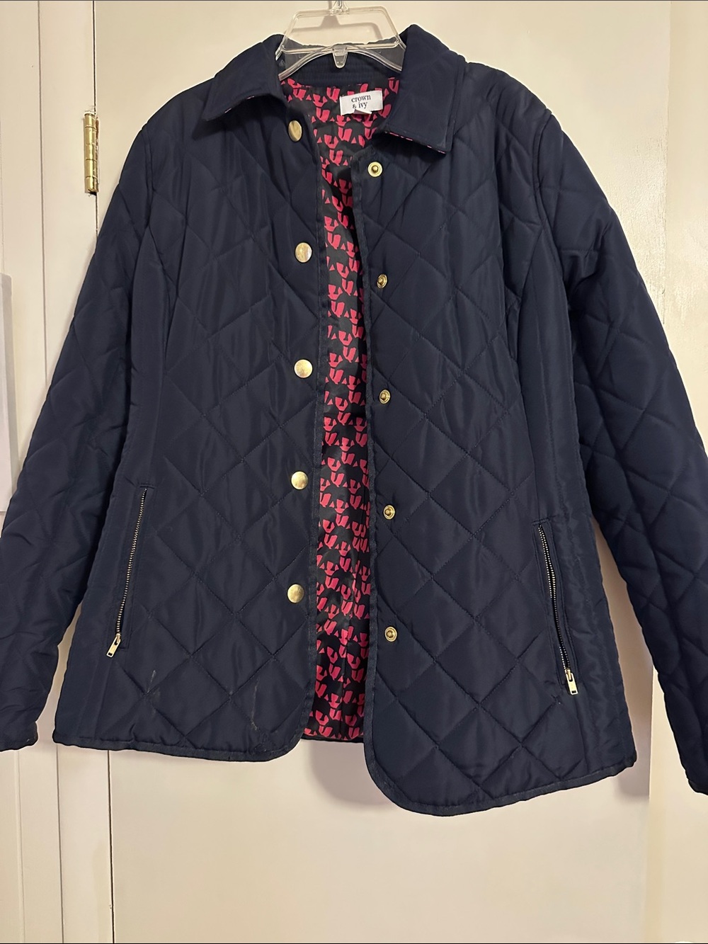 crown & ivy Navy Quilted Jacket with Pink Patterned Lining